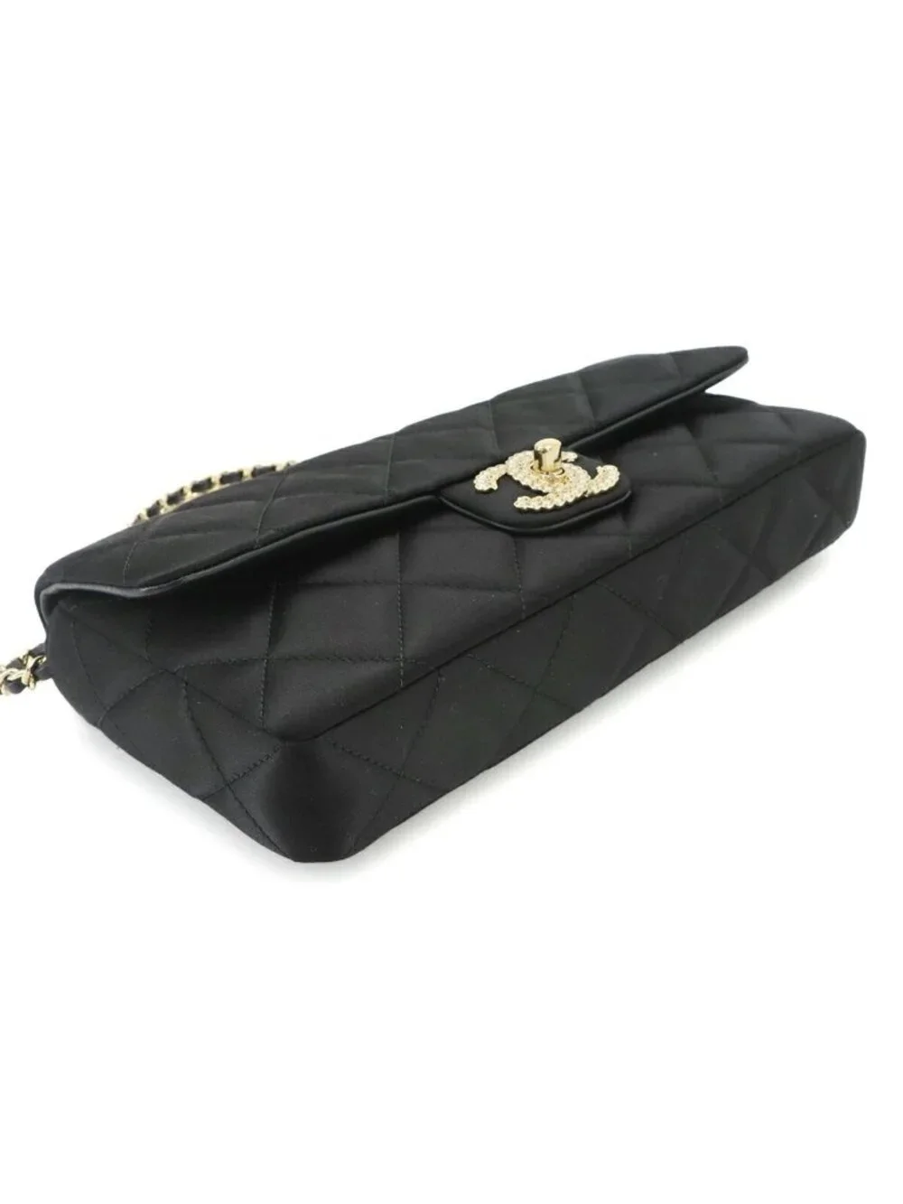Chanel Quilted Shoulder Bag Satin Pearl Black Gold